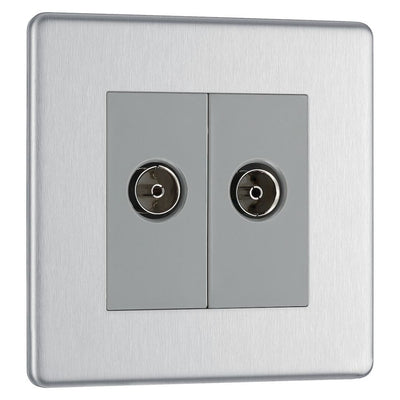 BG Screwless Brushed Steel Double Co-Axial Socket FBS61 with 25mm Steel Back Box