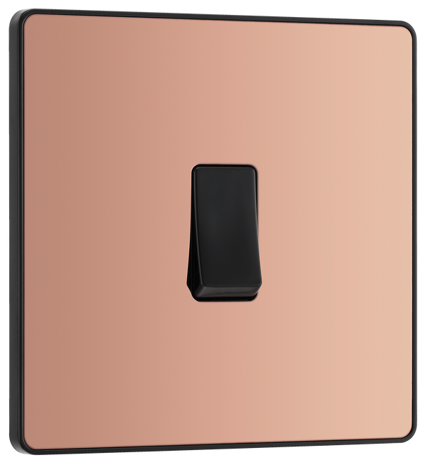 PCDCP13B Front - This Evolve Polished Copper 20A 16AX intermediate light switch from British General should be used as the middle switch when you need to operate one light from 3 different locations, such as either end of a hallway and at the top of the stairs.