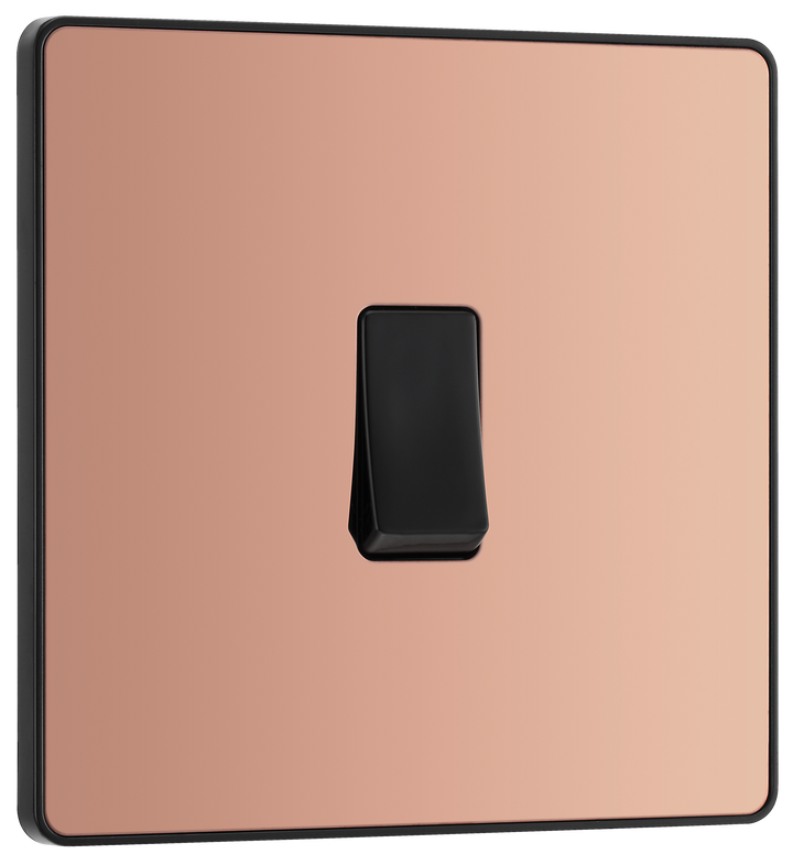 PCDCP13B Front - This Evolve Polished Copper 20A 16AX intermediate light switch from British General should be used as the middle switch when you need to operate one light from 3 different locations, such as either end of a hallway and at the top of the stairs.