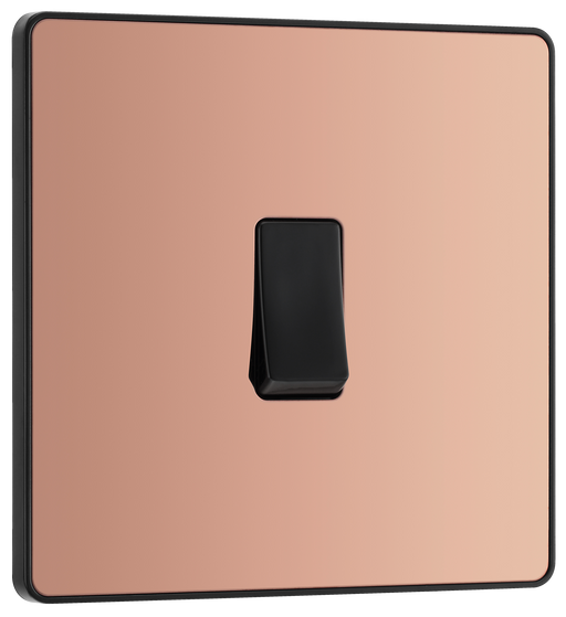 PCDCP13B Front - This Evolve Polished Copper 20A 16AX intermediate light switch from British General should be used as the middle switch when you need to operate one light from 3 different locations, such as either end of a hallway and at the top of the stairs.