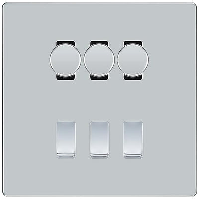 BG Screwless Polished Chrome 6 Gang Switch 3x Trailing Edge LED Dimmer 3x Intermediate Custom Grid Switch by British General (BG-SCRL-PC-6G-CUSTOM-3x-Dimmer-3x-INT)