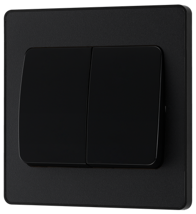 PCDMB42WB Front - This Evolve Matt Black 20A 16AX double light switch from British General can operate 2 different lights, whilst the 2 way switching allows a second switch to be added to the circuit to operate the same light from another location (e.g. at the top and bottom of the stairs).