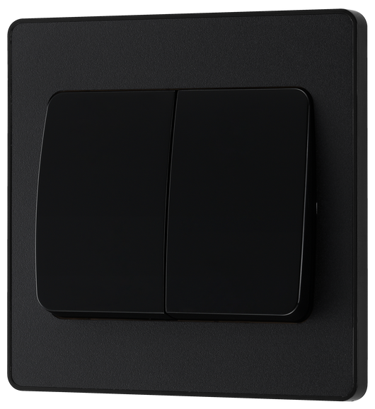 PCDMB42WB Front - This Evolve Matt Black 20A 16AX double light switch from British General can operate 2 different lights, whilst the 2 way switching allows a second switch to be added to the circuit to operate the same light from another location (e.g. at the top and bottom of the stairs).