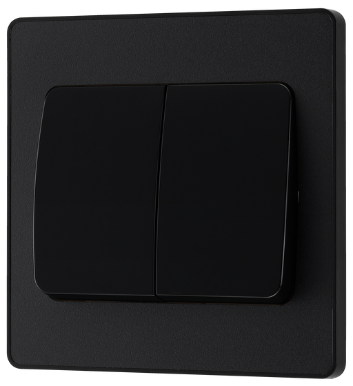 PCDMB42WB Front - This Evolve Matt Black 20A 16AX double light switch from British General can operate 2 different lights, whilst the 2 way switching allows a second switch to be added to the circuit to operate the same light from another location (e.g. at the top and bottom of the stairs).