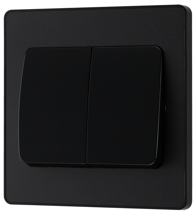 PCDMB42WB Front - This Evolve Matt Black 20A 16AX double light switch from British General can operate 2 different lights, whilst the 2 way switching allows a second switch to be added to the circuit to operate the same light from another location (e.g. at the top and bottom of the stairs).