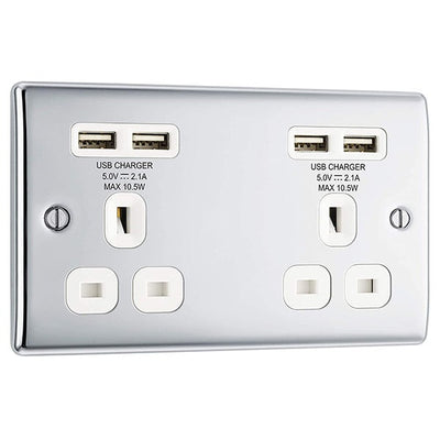 BG NPC24U44W Nexus Metal Polished Chrome 2 Gang 13A 4x USB-A 4.2A - White Insert by British General (BG-NPC24U44W-Shopify-SA_1)