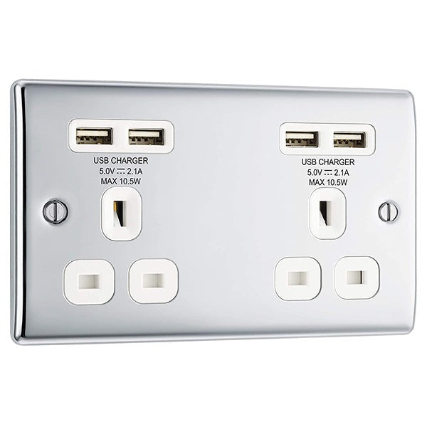 NPC24U44W Front - These sockets feature BG’s Smart USB technology, which automatically puts the socket into standby mode when the device is fully charged, detects the USB device.