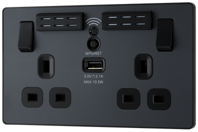 PCDMG22UWRB Front - This Evolve Matt Grey 13A double power socket with integrated Wi-Fi Extender from British General will eliminate dead spots and expand your Wi-Fi coverage.