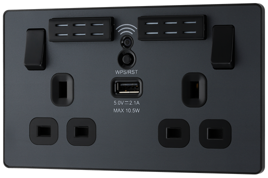 PCDMG22UWRB Front - This Evolve Matt Grey 13A double power socket with integrated Wi-Fi Extender from British General will eliminate dead spots and expand your Wi-Fi coverage.