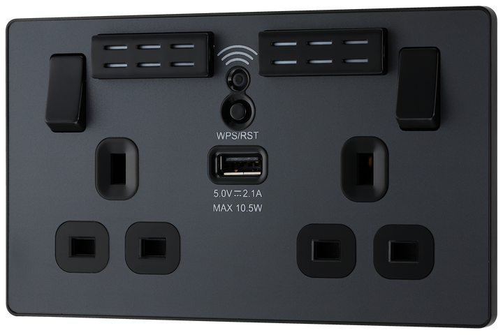 PCDMG22UWRB Front - This Evolve Matt Grey 13A double power socket with integrated Wi-Fi Extender from British General will eliminate dead spots and expand your Wi-Fi coverage.