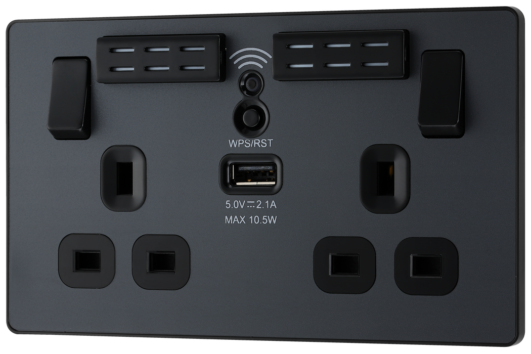 PCDMG22UWRB Front - This Evolve Matt Grey 13A double power socket with integrated Wi-Fi Extender from British General will eliminate dead spots and expand your Wi-Fi coverage.