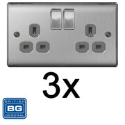 Switches and Socket: BG Brushed Steel Satin Chrome Double Socket NBS22G Multipack 2 Gang Twin Socket Pack of 3 by British General (BG-BRUSHED-STEEL-NBS22G-3Pack)