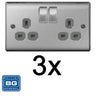 Switches and Socket: BG Brushed Steel Satin Chrome Double Socket NBS22G Multipack 2 Gang Twin Socket Pack of 3 by British General (BG-BRUSHED-STEEL-NBS22G-3Pack)