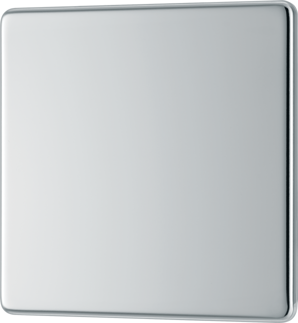 FPC94 Front - This screwless polished chrome single blank plate from British General is ideal for covering unused electrical connections and has a slim clip-on/off front plate for a luxurious finish.