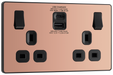 PCDCP22UAC30B Front - This Evolve Polished Copper 13A power socket from British General with integrated fast charge USB-A and USB-C ports delivers a 50% charge to mobile phones in just 30 minutes.  