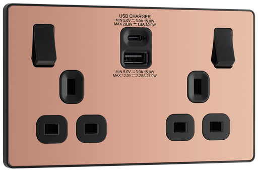 PCDCP22UAC30B Front - This Evolve Polished Copper 13A power socket from British General with integrated fast charge USB-A and USB-C ports delivers a 50% charge to mobile phones in just 30 minutes.  