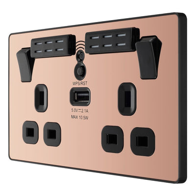 BG Evolve Polished Copper Double USB Socket with WiFi Extender PCDCP22UWRB and 25mm Steel Back Box