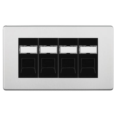 BG Screwless Brushed Steel 4 Gang RJ45 Cat6 Data Socket Outlet Black Inserts by British General (BG-FBSRJ454B)