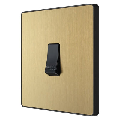 BG Evolve Satin Brass 10AX 1 Way Press Switch PCDSB14B with 25mm Steel Back Box