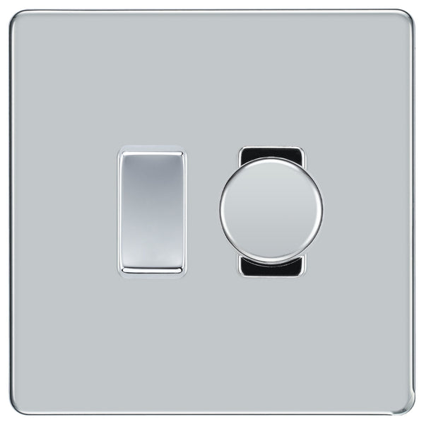 BG Polished Chrome Screwless Flat Plate 2 Gang Light Switch 1x Trailing Edge LED Dimmer 1x 2 Way Custom Switch