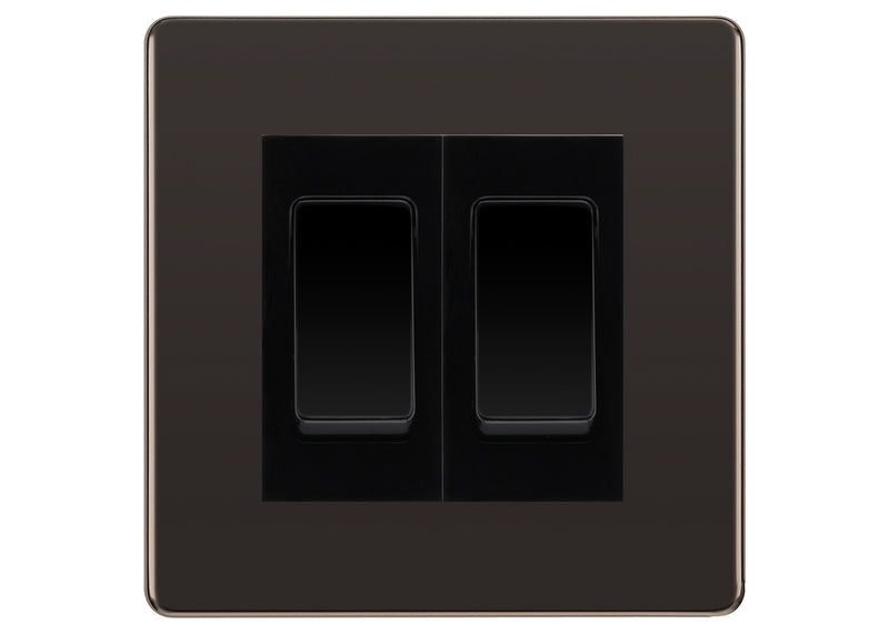 BG Screwless Black Nickel 2-Gang Light Switch 1x 2-Way + 1x Intermediate – Black Inserts