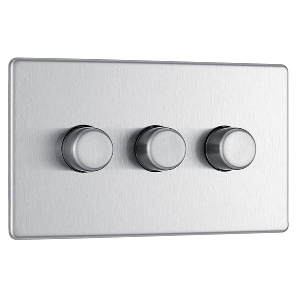 BG FBS83P Flatplate Screwless 3 Gang, 2 Way, 400w Brushed Steel Dimmer Switches