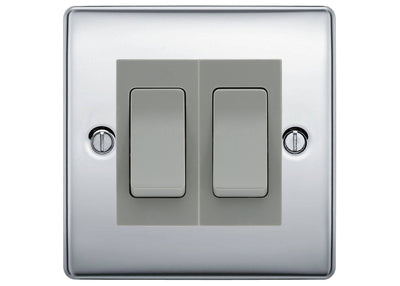 BG Nexus Polished Chrome 2 Gang Intermediate Light Switch Custom Grid – Grey Insert by British General (BG-Nexus-PC-2G-Combo-2x INT-GR)