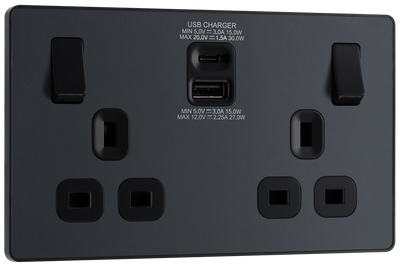 BG PCDMG22UAC30B Matt Grey Evolve 2 Gang 13A 1x A 27W 1x C 30W-Black Insert by British General (BG-PCDMG22UAC30B-Shopify-SA_1)