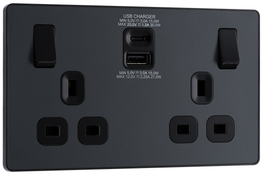 PCDMG22UAC30B Front - This Evolve Matt Grey 13A power socket from British General with integrated fast charge USB-A and USB-C ports delivers a 50% charge to mobile phones in just 30 minutes.