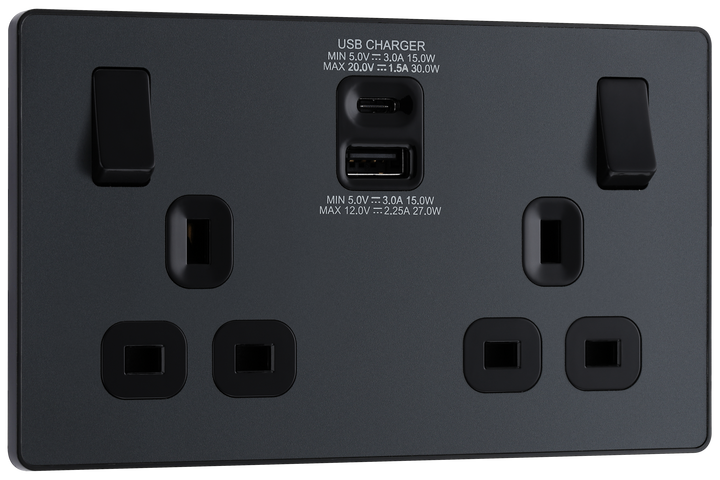 PCDMG22UAC30B Front - This Evolve Matt Grey 13A power socket from British General with integrated fast charge USB-A and USB-C ports delivers a 50% charge to mobile phones in just 30 minutes.