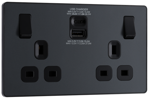 PCDMG22UAC30B Front - This Evolve Matt Grey 13A power socket from British General with integrated fast charge USB-A and USB-C ports delivers a 50% charge to mobile phones in just 30 minutes.
