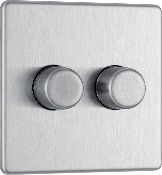 FBS82 Front - This trailing edge double dimmer switch from British General allows you to control your light levels and set the mood. The intelligent electronic circuit monitors the connected load and provides a soft-start with protection against thermal