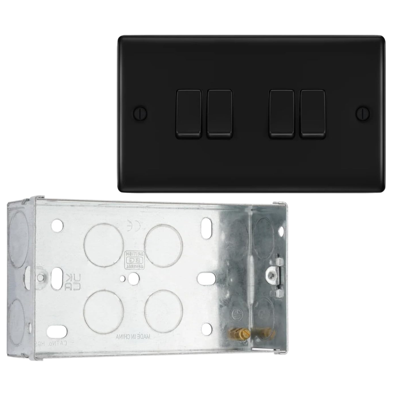 BG Nexus Matt Black 4 Gang 20A 16AX 2 Way Light Switch NFB44 with 35mm Steel Back Box