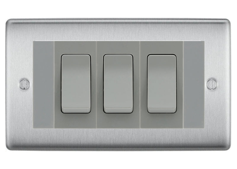 BG Nexus Brushed Steel 3 Gang 20AX 2-Way Switch Custom Grid - Grey Insert