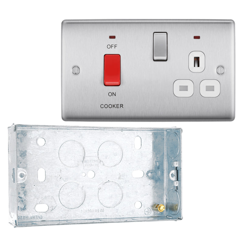 BG Nexus Brushed Steel DP Cooker + Socket + Neon NBS70W with 25mm Steel Back Box