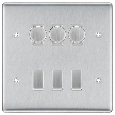 BG Nexus Brushed Steel 6 Gang Switch 3x Trailing Edge LED Dimmer 3x 2Way Custom Switch