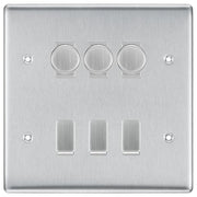 BG Nexus Brushed Steel 6 Gang Switch 3x Trailing Edge LED Dimmer 3x 2Way Custom Switch by British General (BG-Nexus-BS-6G-CUSTOM-3x-Dimmer-3x-2WAY)