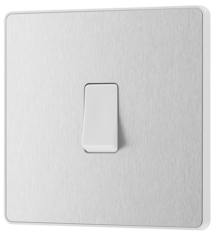 PCDBS12W Front - This Evolve Brushed Steel 20A 16AX single light switch from British General will operate one light in a room.