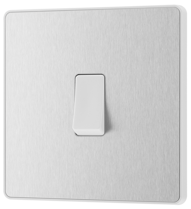 PCDBS12W Front - This Evolve Brushed Steel 20A 16AX single light switch from British General will operate one light in a room.