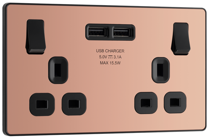  PCDCP22U3B Front - This Evolve Polished Copper 13A double power socket from British General comes with two USB charging ports, allowing you to plug in an electrical device and charge mobile devices simultaneously without having to sacrifice a power socket. 