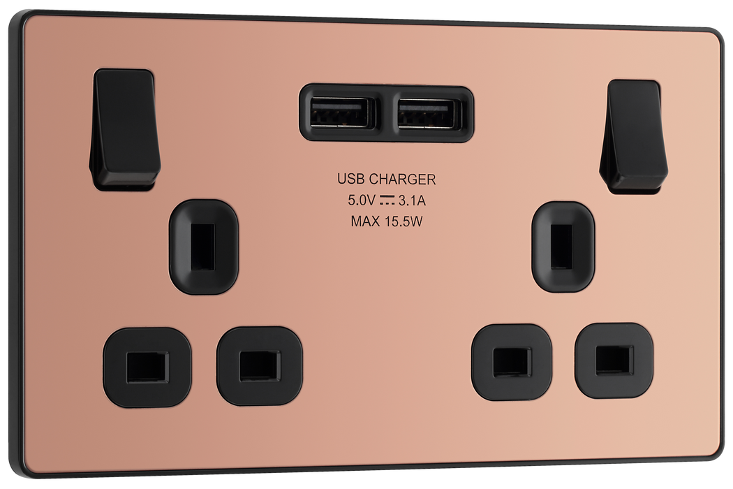  PCDCP22U3B Front - This Evolve Polished Copper 13A double power socket from British General comes with two USB charging ports, allowing you to plug in an electrical device and charge mobile devices simultaneously without having to sacrifice a power socket. 