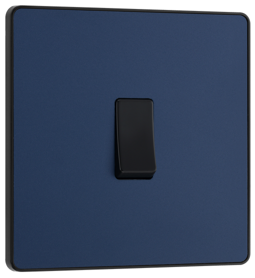 PCDDB12B Front - This Evolve Matt Blue 20A 16AX single light switch from British General will operate one light in a room. The 2 way switching allows a second switch to be added to the circuit to operate the same light from another location (e.g. at the top and bottom of the stairs). 