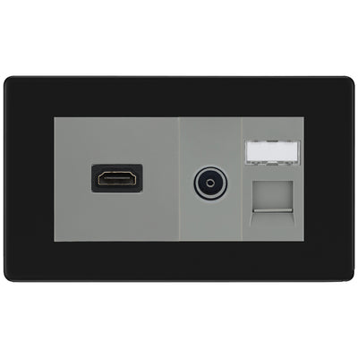 BG Screwless Matt Black Media Wall Plate TV Aerial, HDMI & CAT6 Outlet – Grey Insert