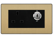 BG Evolve Satin Brass 13A Double Pole Key Controlled Socket – Black Inserts by British General (BG-PCDSBKYSWSB)