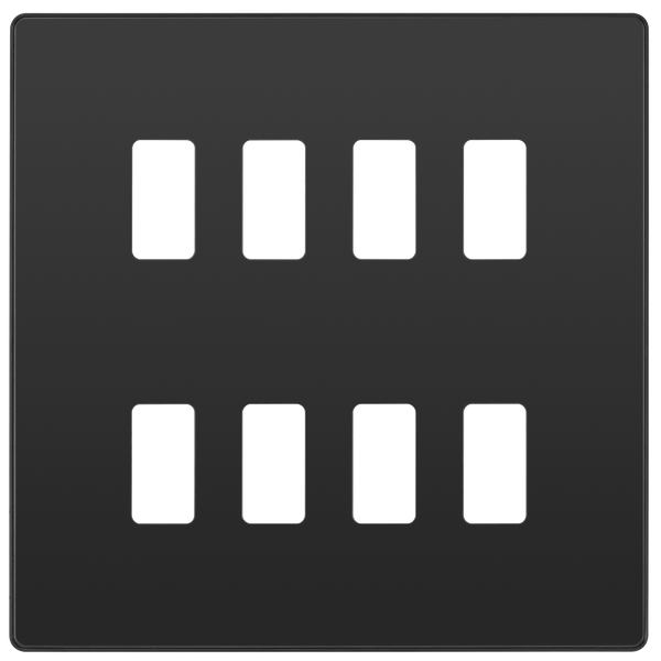 RPCDBC8B Front - The Grid modular range from British General allows you to build your own module configuration with a variety of combinations and finishes. This black chrome finish Evolve front plate clips on for a seamless finish, and can accommodate 8 Grid modules - ideal for commercial applications.