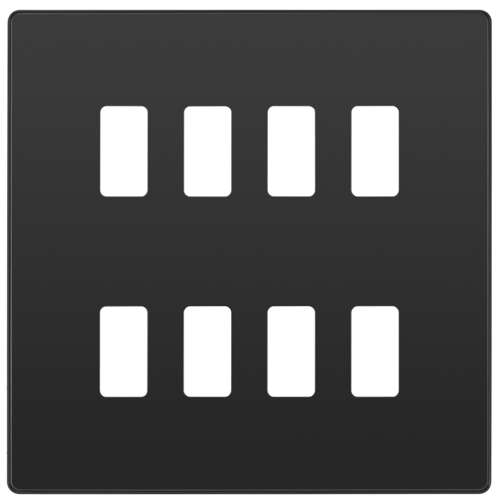 RPCDBC8B Front - The Grid modular range from British General allows you to build your own module configuration with a variety of combinations and finishes. This black chrome finish Evolve front plate clips on for a seamless finish, and can accommodate 8 Grid modules - ideal for commercial applications.