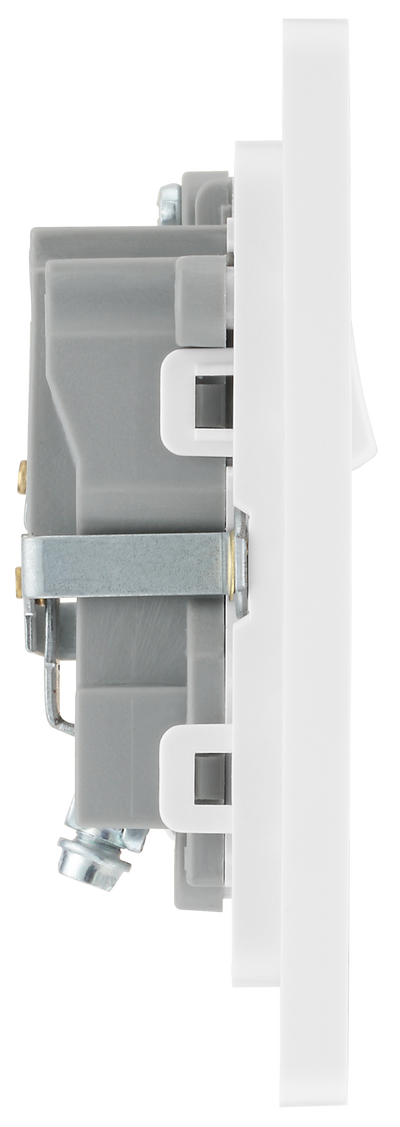 PCDBS21W Side - This Evolve Brushed Steel 13A single switched socket from British General has been designed with angled in line colour coded terminals and backed out captive screws for ease of installation, and fits a 25mm back box making it an ideal retro-fit replacement for existing sockets.