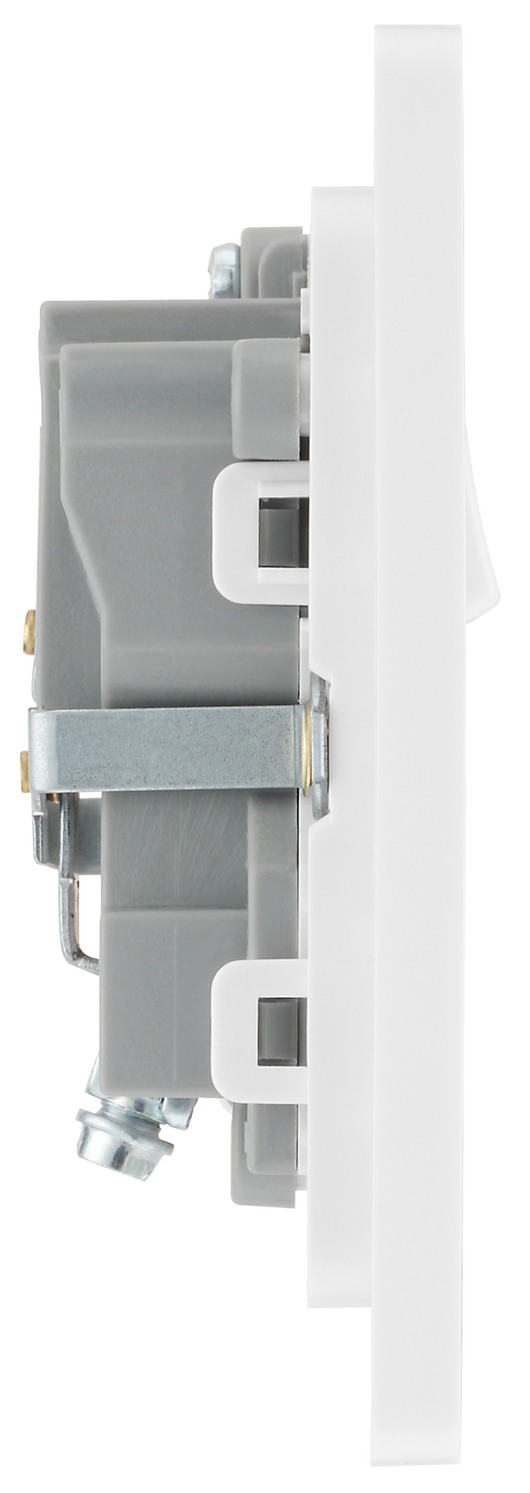 PCDBS21W Side - This Evolve Brushed Steel 13A single switched socket from British General has been designed with angled in line colour coded terminals and backed out captive screws for ease of installation, and fits a 25mm back box making it an ideal retro-fit replacement for existing sockets.
