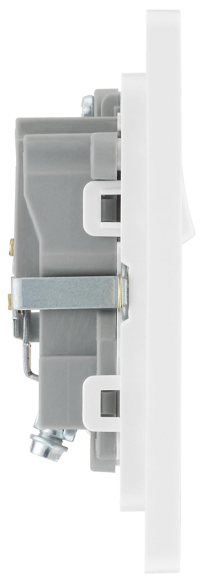 PCDBS21W Side - This Evolve Brushed Steel 13A single switched socket from British General has been designed with angled in line colour coded terminals and backed out captive screws for ease of installation, and fits a 25mm back box making it an ideal retro-fit replacement for existing sockets.