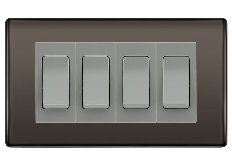 BG Nexus Black Nickel 4-Gang Light Switch 2x 2-Way + 2x Intermediate – Grey Inserts